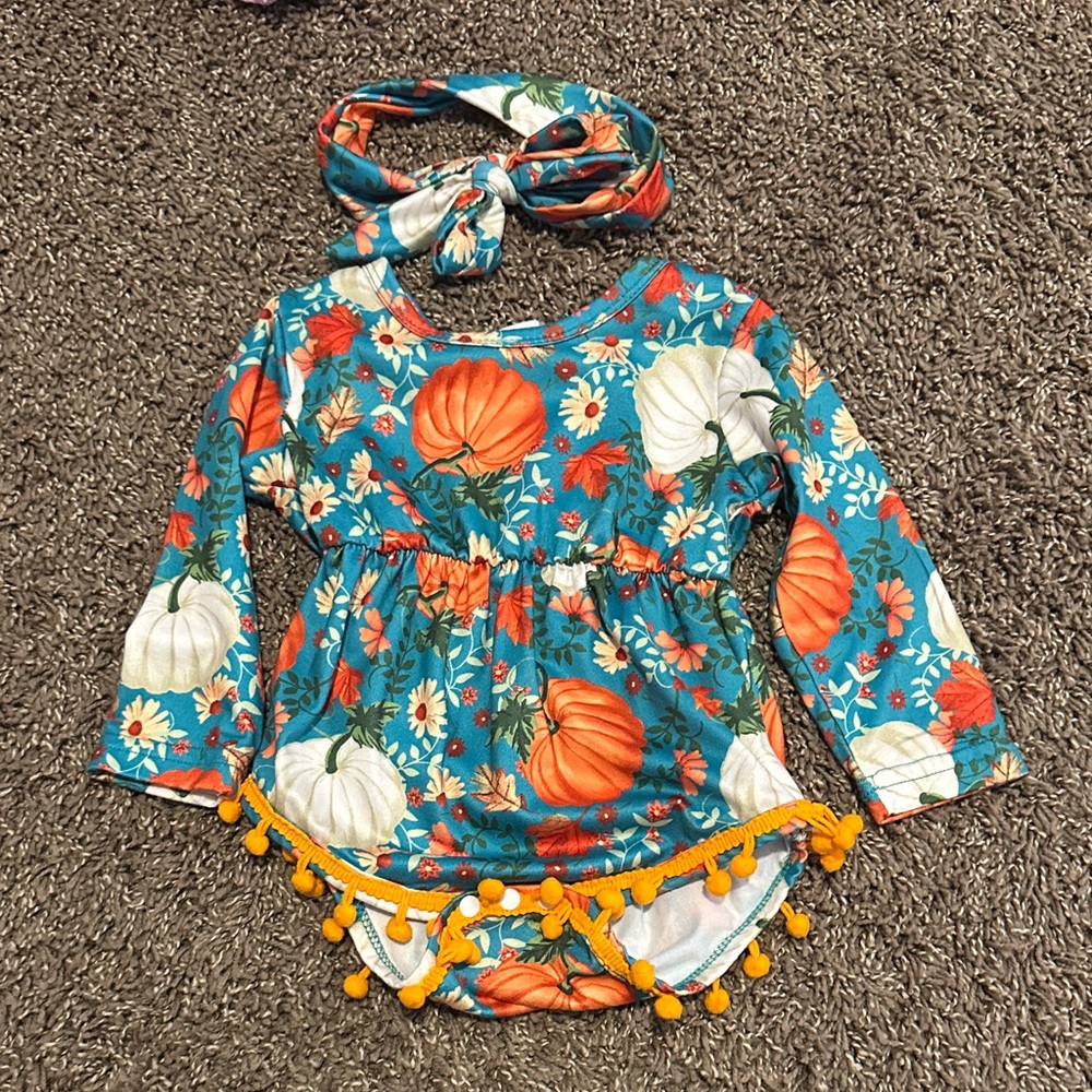 Floral Pumpkin Baby Outfit with Headband